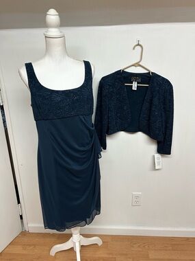 NWT. Alex Evenings Navy Beaded Jacket and Dress Set Size 16P
